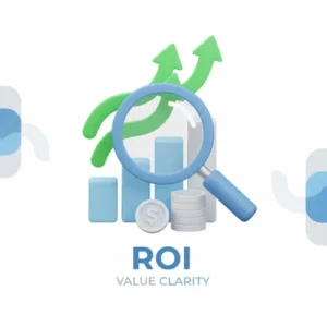 3D illustration showing ROI concept with magnifying glass over bar chart, upward green arrows, and coins, symbolizing value clarity and financial growth.