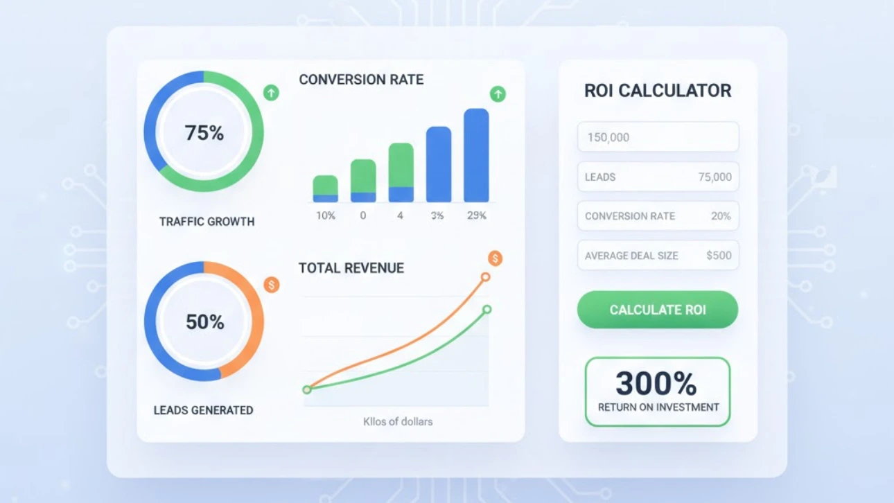 Dashboard showing traffic growth, leads generated, conversion rate, total revenue, and an ROI calculator displaying 300% return on investment.