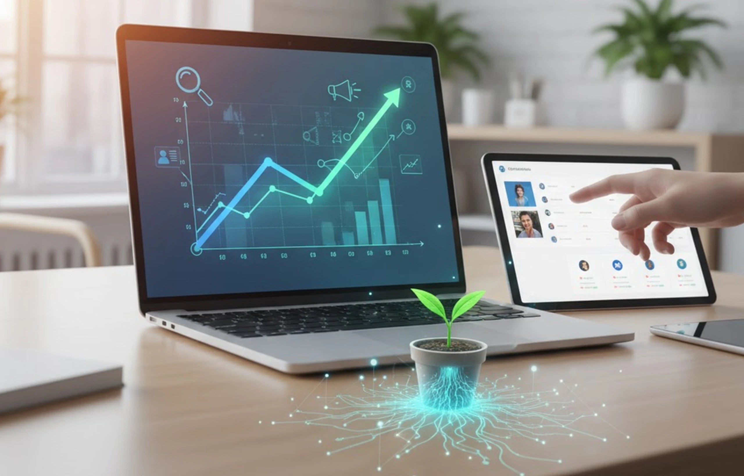 Laptop showing rising digital marketing analytics graph beside a tablet interface, with a small plant symbolizing business growth and technology-driven success