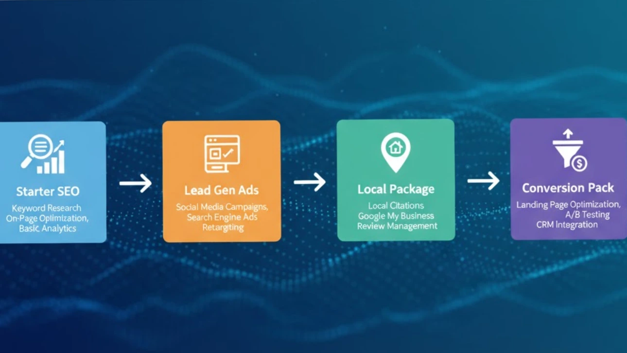 Four-step digital marketing service flow showing Starter SEO, Lead Gen Ads, Local Package, and Conversion Pack — a visual of progressive agency packages from basic SEO to conversion optimization.