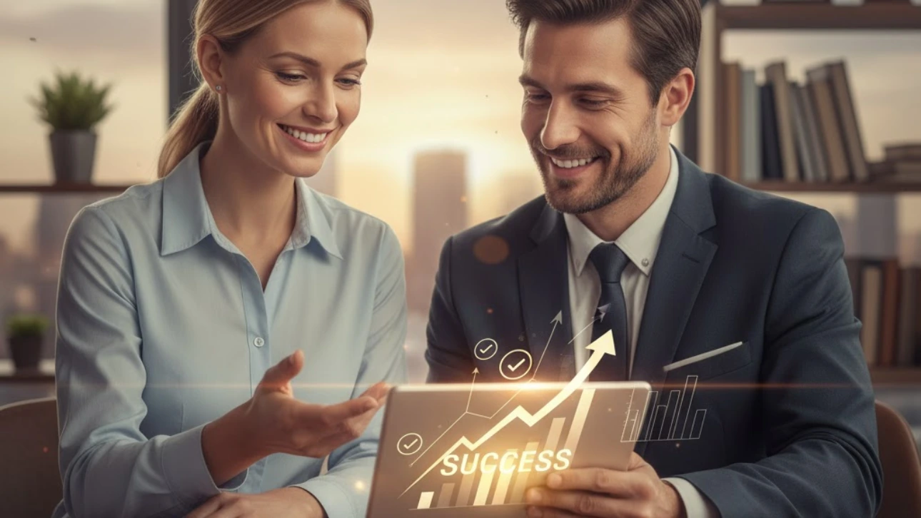 Two marketing professionals reviewing growth data on a tablet with a glowing success graph — symbolizing teamwork, strategy, and business growth.