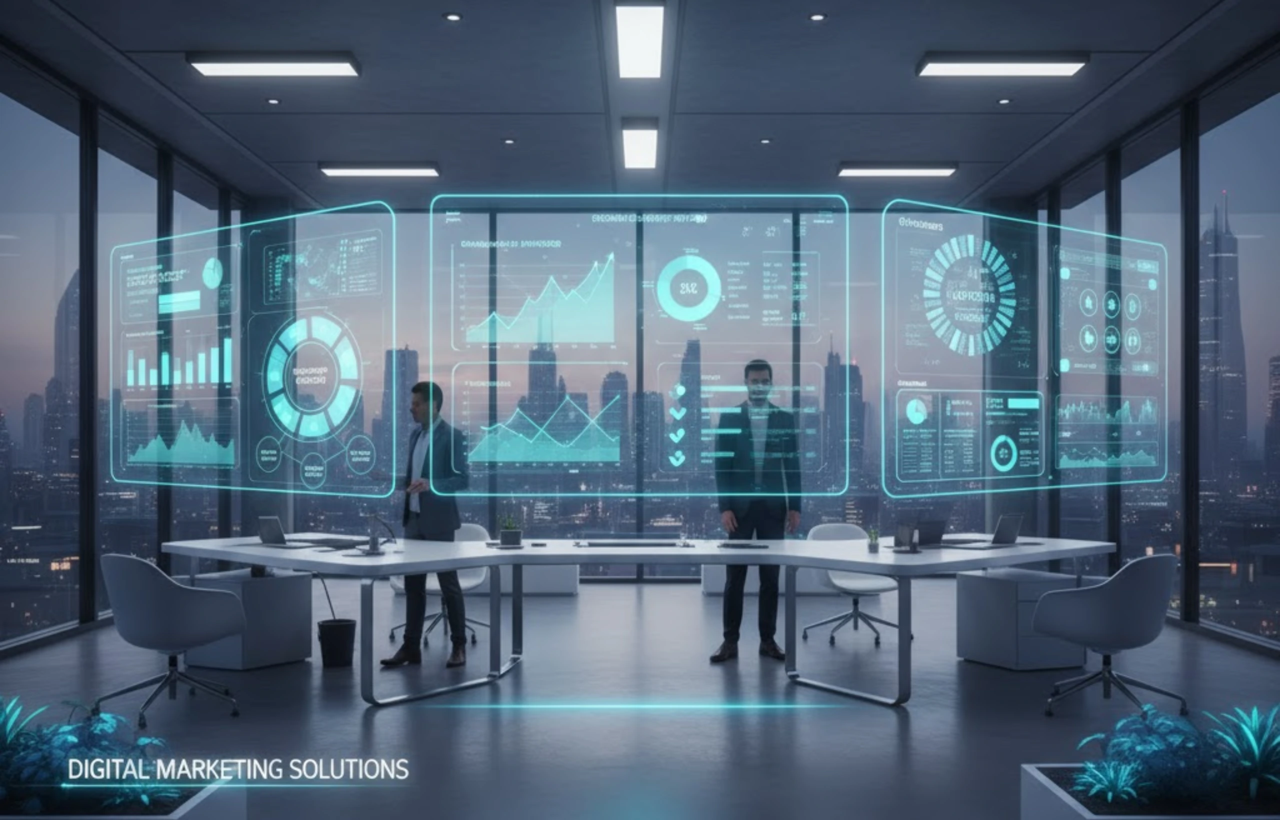 Two people standing in a modern office with large futuristic holographic dashboards displaying digital marketing analytics and data visualizations.