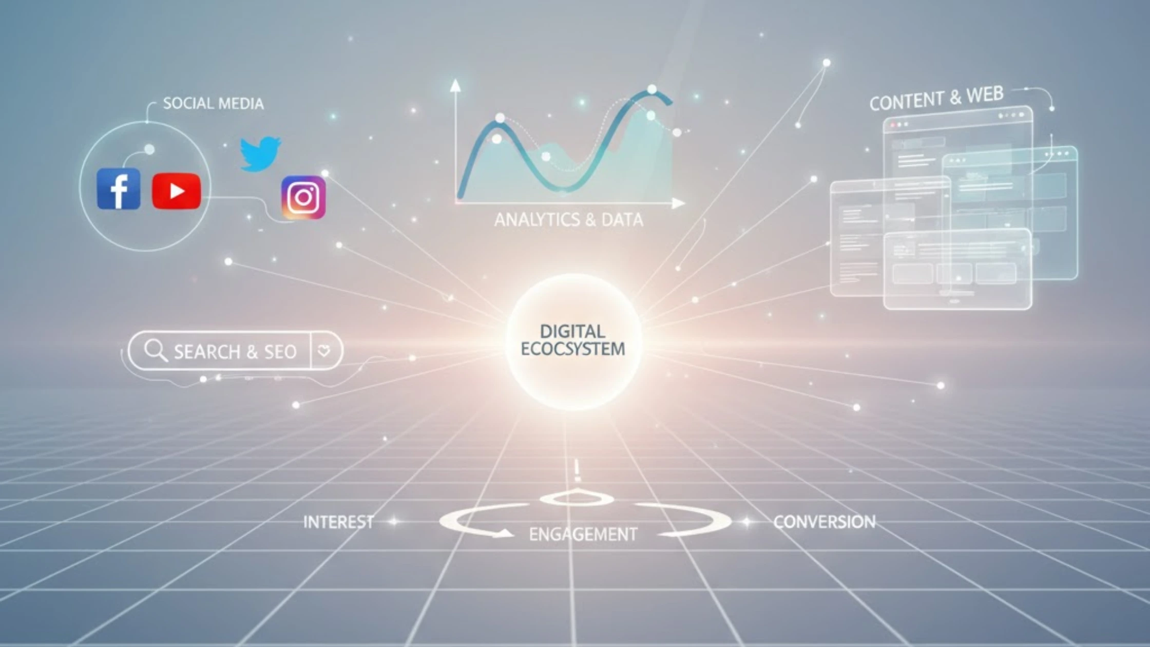 Digital ecosystem diagram showing search and SEO, social media icons, analytics data, and content panels connected around a central hub representing interest, engagement, and conversion.