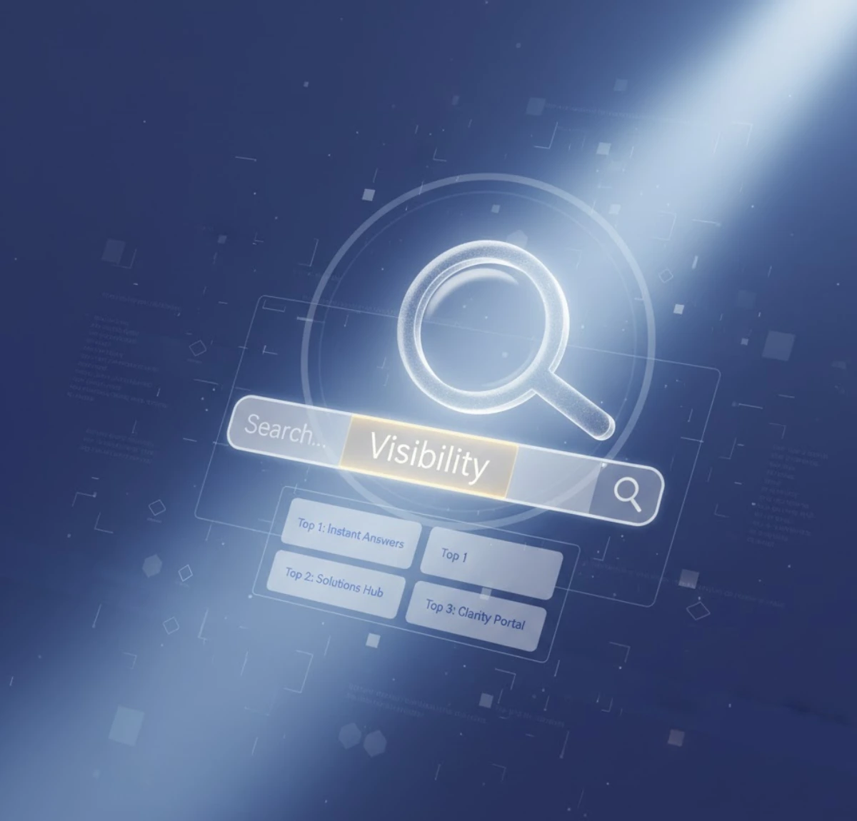 Abstract digital search interface with a magnifying glass icon highlighting the word ‘Visibility,’ symbolizing SEO and online discoverability.
