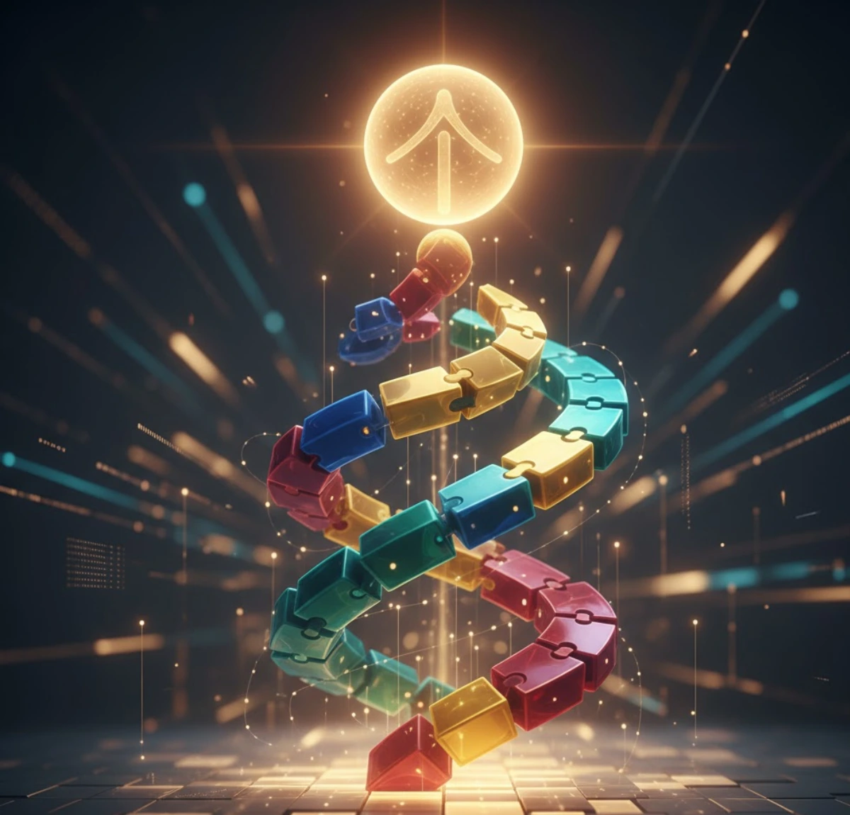 Colorful interconnected blocks forming an upward spiral, symbolizing digital marketing channels combining into a unified growth system.