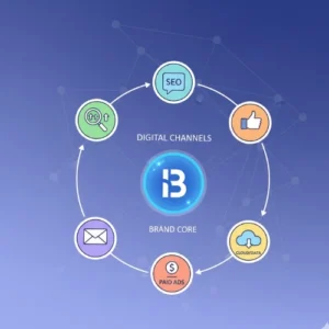 Circular diagram showing SEO, social media, email, paid ads, and cloud data channels connected around a central brand core.