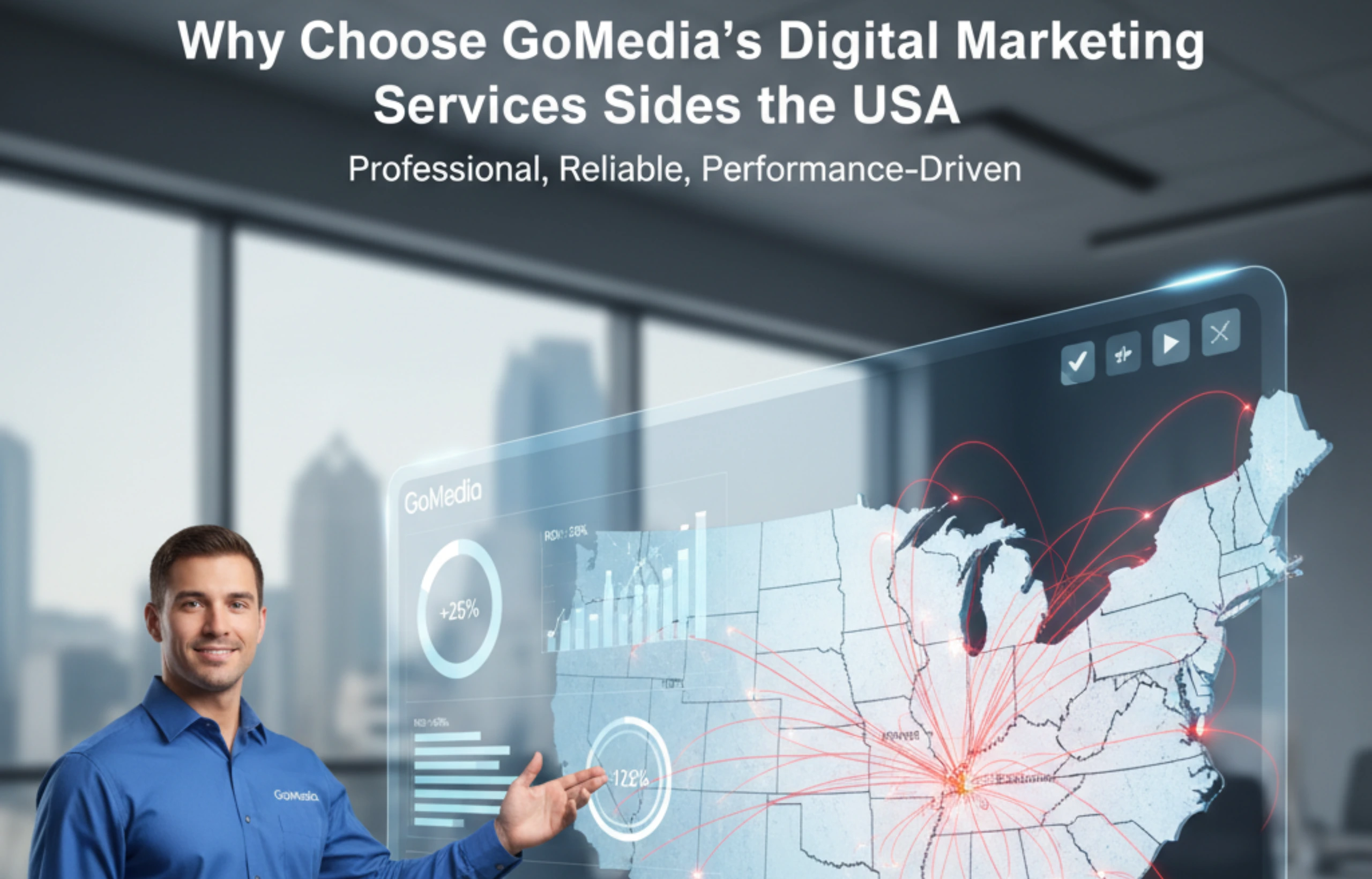 GoMedia representative presenting digital marketing performance dashboard map of the USA highlighting ROI and growth metrics.