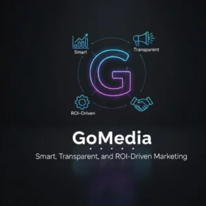 GoMedia logo with icons representing Smart, Transparent, and ROI-Driven digital marketing services.