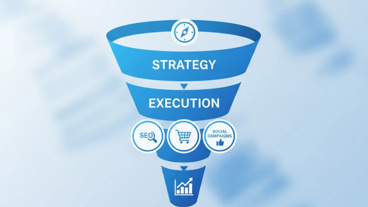 Digital marketing funnel showing Strategy, Execution, and Results with icons for SEO, eCommerce, and Social Campaigns.