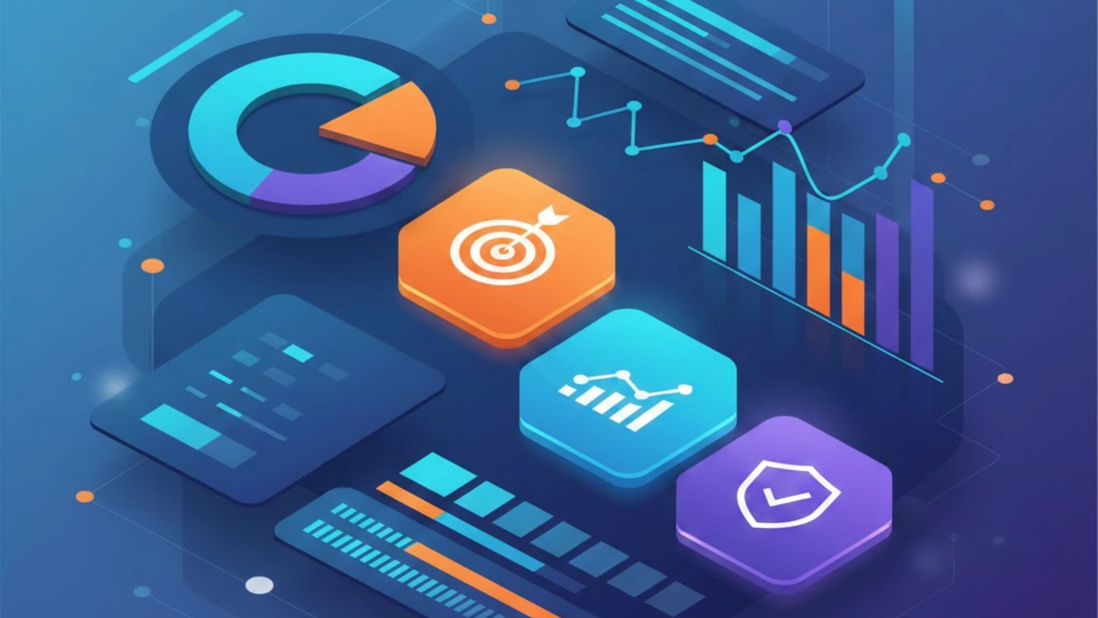 Illustration of a marketing analytics dashboard with charts, KPIs, and performance tracking icons.