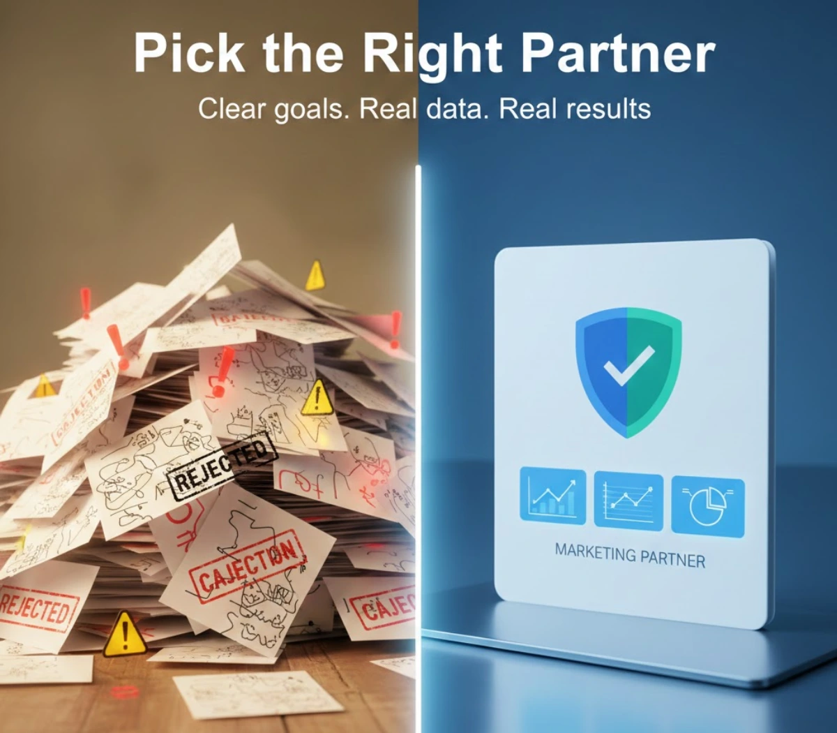 Split image showing messy rejected marketing proposals on the left and a trusted marketing partner dashboard with a shield checkmark on the right.