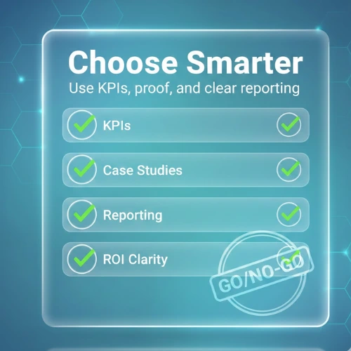 Graphic titled “Choose Smarter” showing an agency selection checklist: KPIs, case studies, reporting, and ROI clarity.