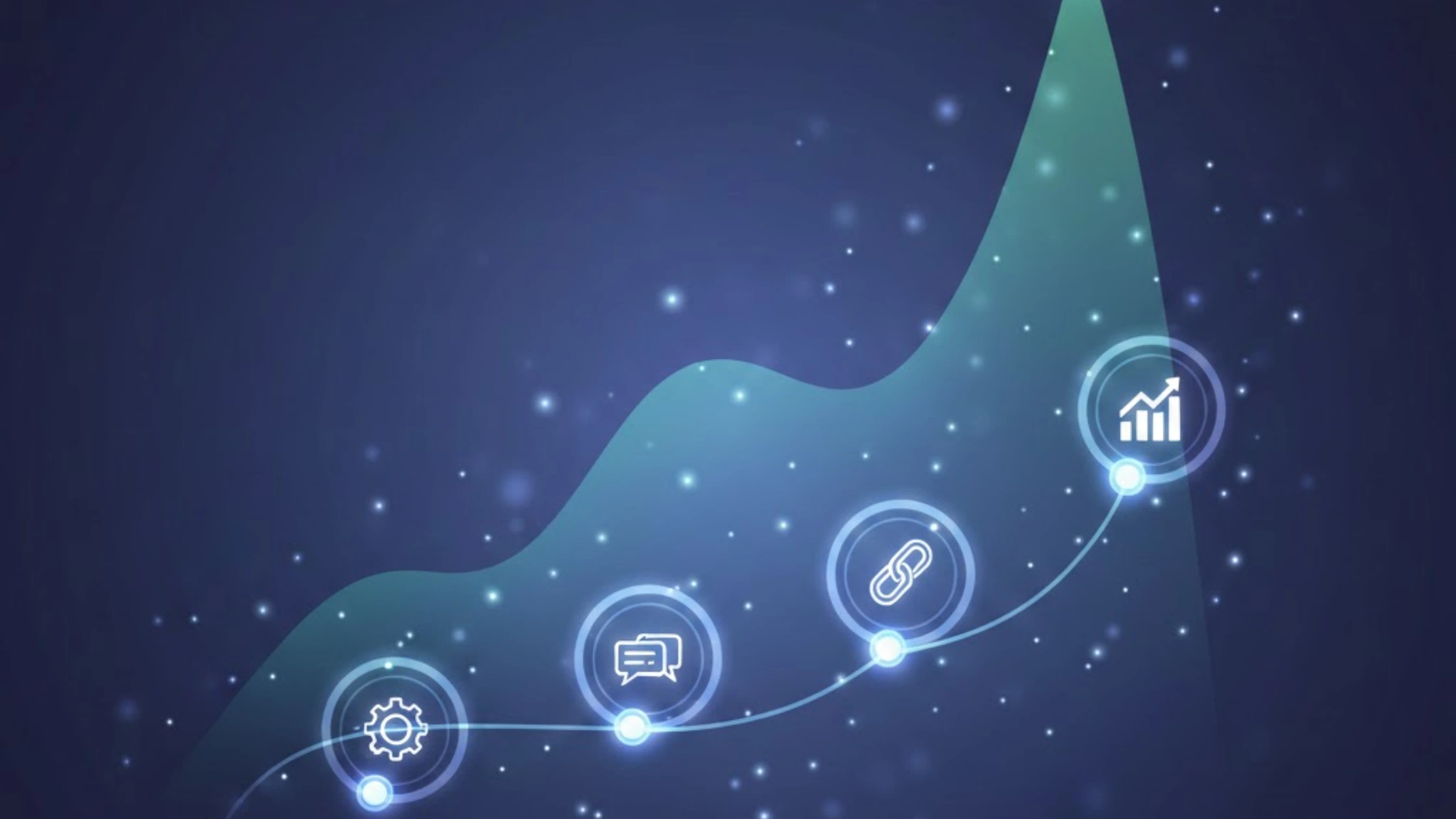 Abstract SEO timeline visual with growth chart and search optimization icons.