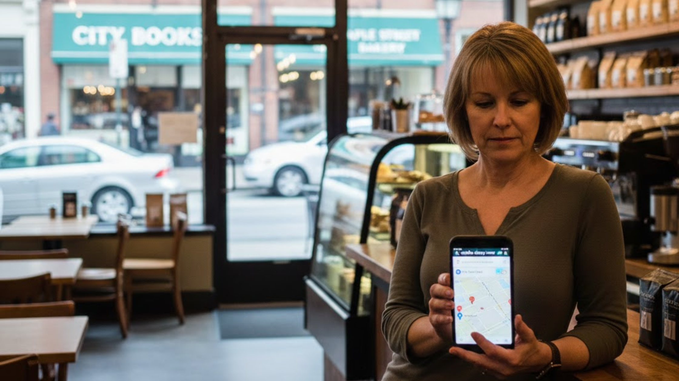 A local business owner inside a café holding a phone that shows nearby locations on a map