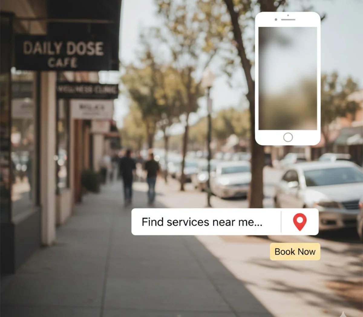 Mobile local search showing “find services near me” with a book now action over a neighborhood street.