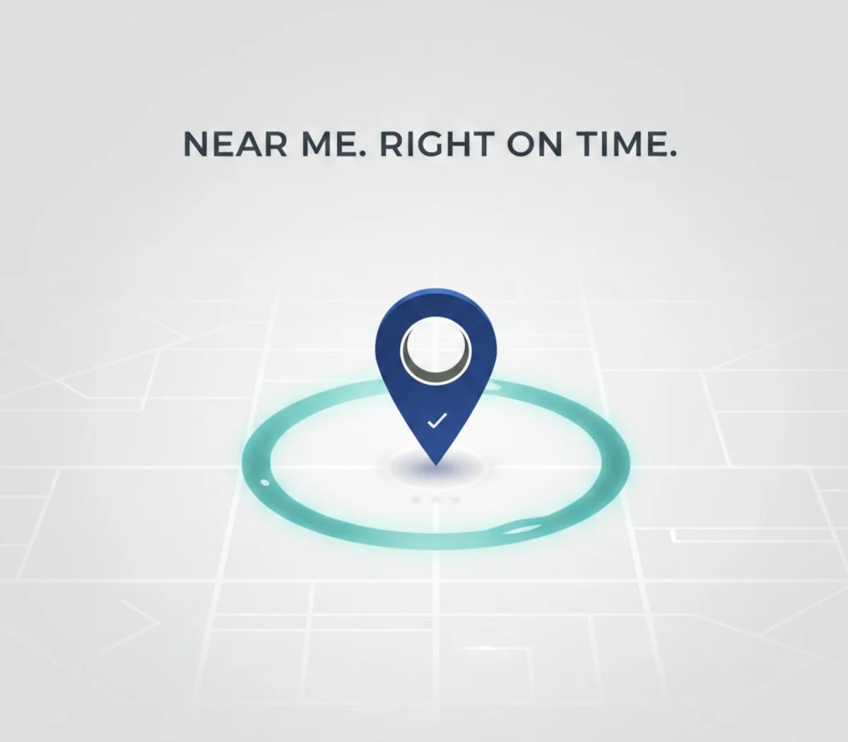 Local SEO concept showing a location pin inside a proximity ring with the text “Near me. Right on time.”