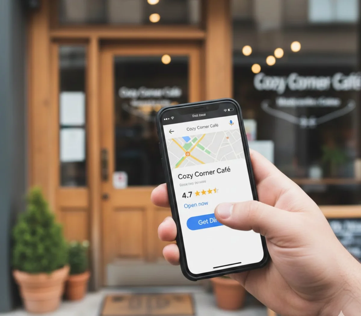 A person holding a phone showing a Google Maps listing for a local café with ratings and directions