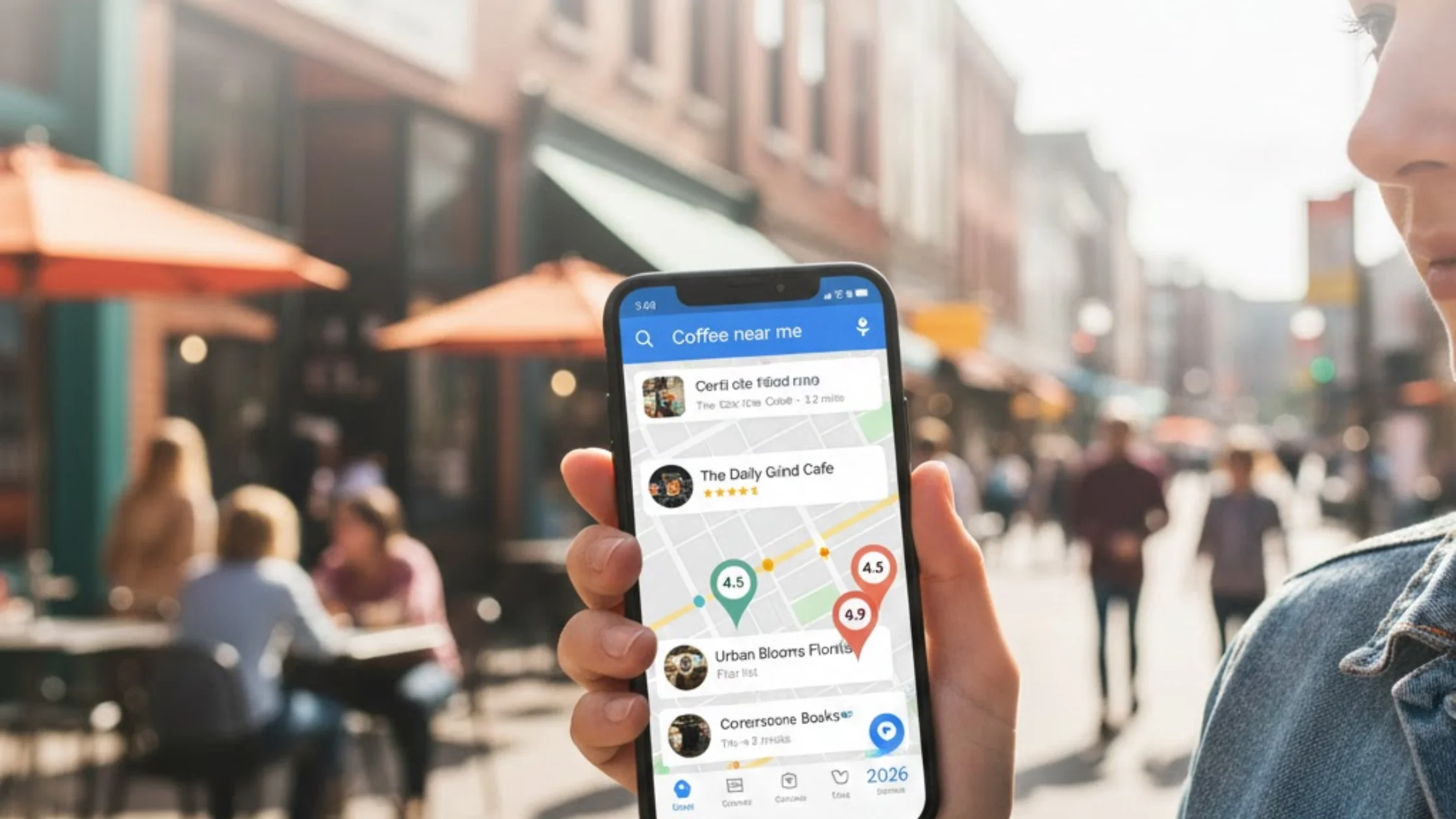 Person using a smartphone to search for nearby local businesses on Google Maps
