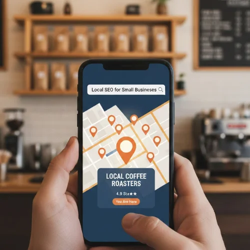 Local small business appearing in map search results on a mobile phone