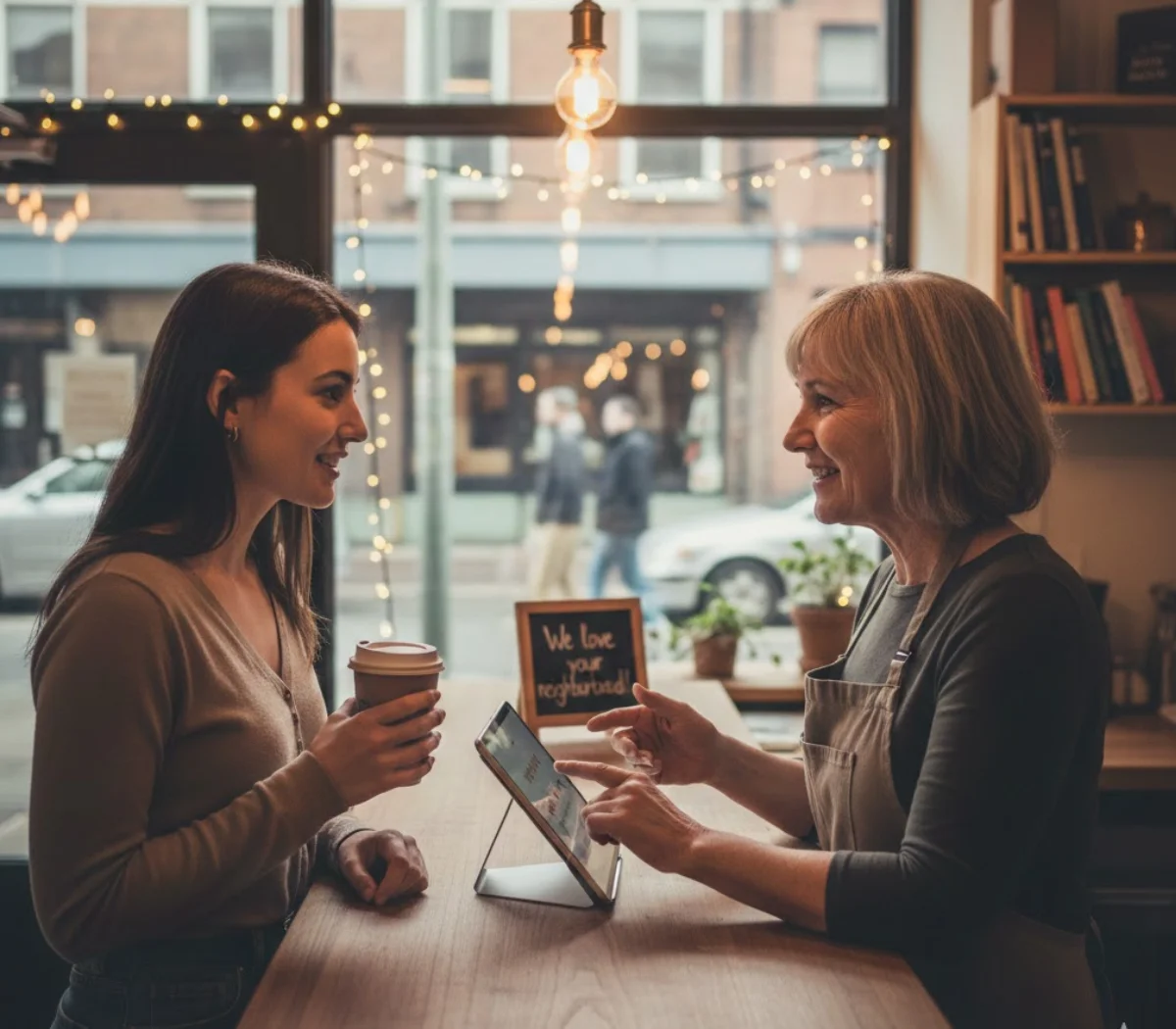 Small business owner interacting with a local customer inside a neighborhood store